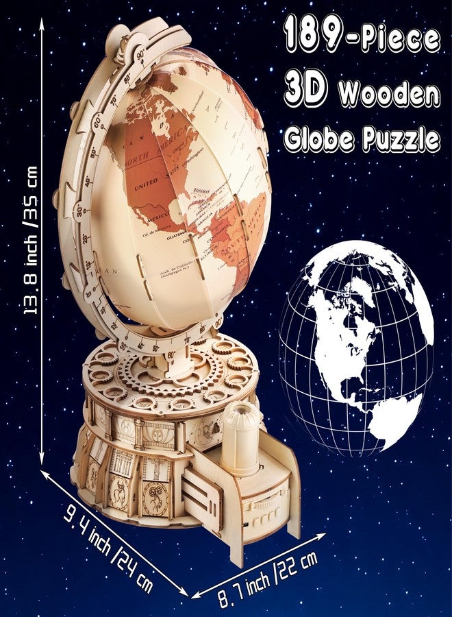 Elcoho 189-Piece 3D Wooden Globe Puzzle for Adults - 24 x 22 x 35cm Illuminated Globe DIY Model Kit with Stand Built-in LED Music Starry Projector Slide Box Stem Gifts for Adults/Teens - Image 4